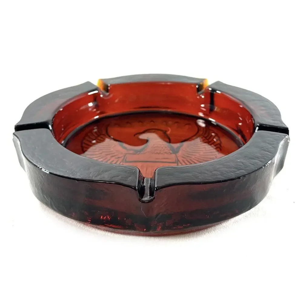Vintage Amberina Red Glass Ashtray 10” Eagle Patriotic Black Rim Mid Century - Picture 2 of 5